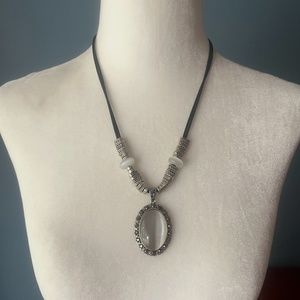 Vintage filigree silver beads charms and large pearly pendant necklace EUC